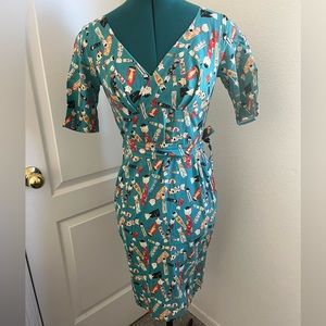 Limb Clothing England Kokeshi Cat Print Blue Asian Japanese pinup 40s 50s dress